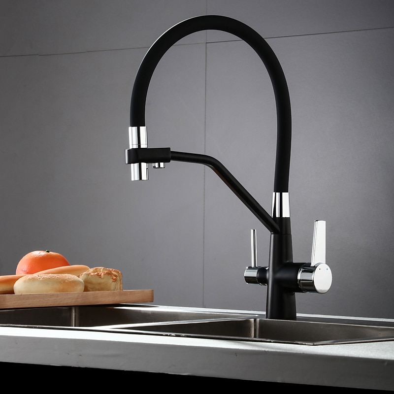Kitchen Faucet Pull Down Spray Head Purified Water Dual Spout Taps Sink Mixer Deck Mounted  360 Rotating Twin Handle High Arc Flexible Tube Vessel Brass Tap 2025 - CAD $159.99 –P5