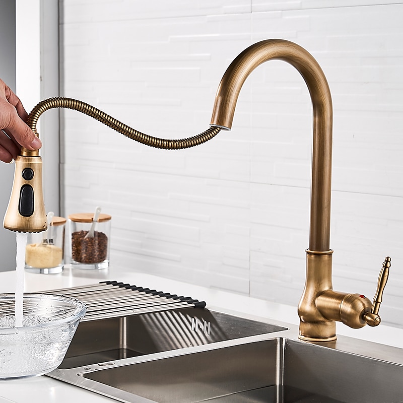 Kitchen Faucet with SprayerAntique Brass Pull-out 3-Function Outlet Mode Single Handle One Hole Sink Kitchen Taps with Soap Dispenser or Drain 2025 - CAD $175.99 –P8