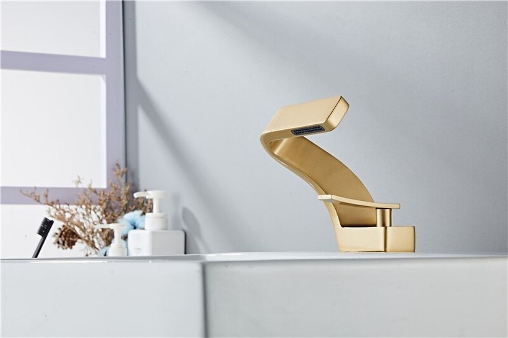 Bathroom Sink Faucet Single Handle One Hole Waterfall Mixer Basin Taps Brass, 7-shaped Bend Vessel Tap Chrome Brushed Nickel Black Gold 2025 - CAD $151.99 –P9