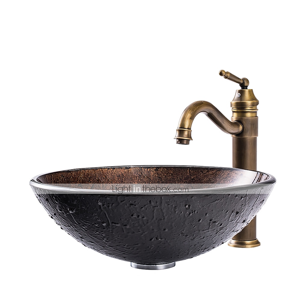 16.5 inch Bathroom Vessel Sink with Faucet Vintage Brass Antique Tempered Glass Basin with Pop-Up Drain Countertop Artistic Round Basin Bowl Set Above Counter Vanity Sink 2025 - CAD $398.99 –P6