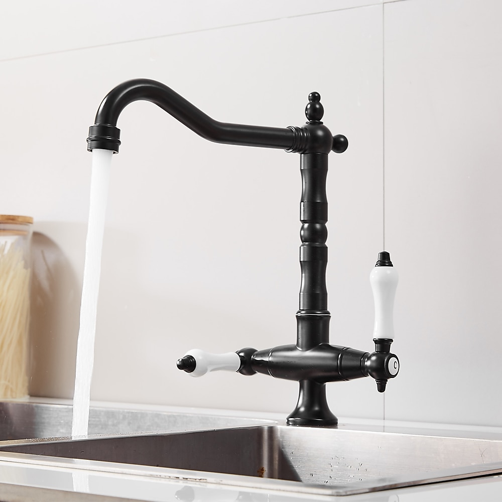 Twin Lever Traditional Kitchen Sink Mixer Taps, Dual Lever Cold and Hot Faucet Deck Mounted, 360° Swivel Spout Sink Tap with 2 Ceramic Handles, Antique Brass Classic Double Handle for Kitchen Bathroom 2025 - CAD $111.99 –P10