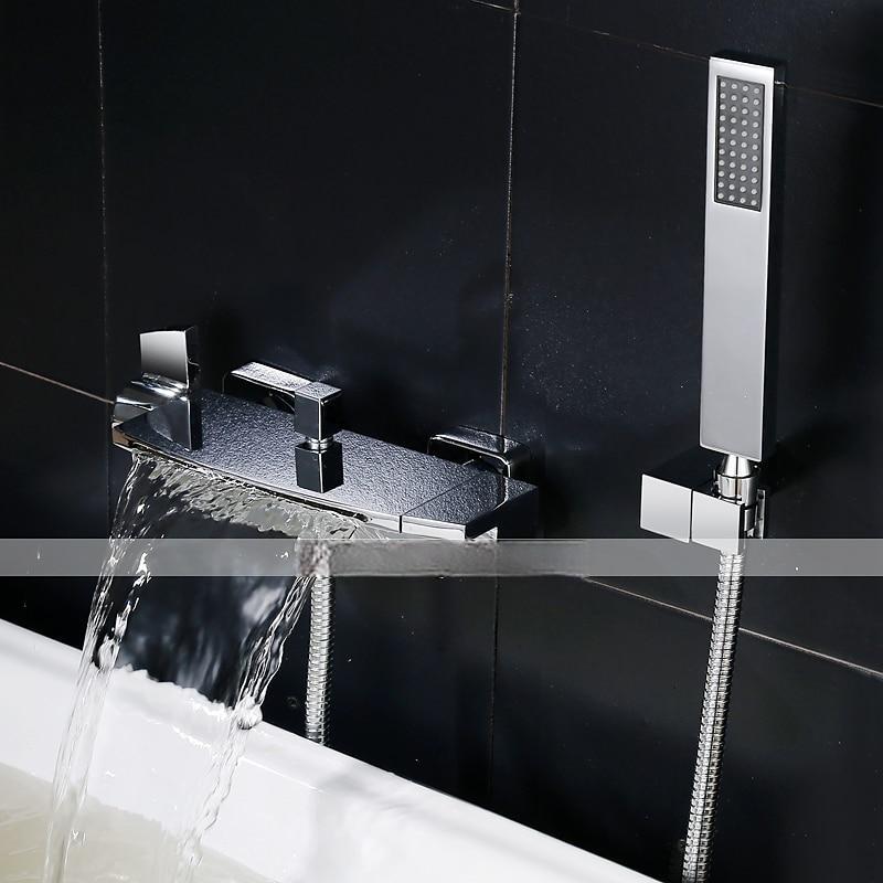Waterfall Bathtub Faucet Wall Mounted Widespread Bathroom Shower Mixer Faucet Bath Roman Tub Filler Mixer Tap Brass 3 Hole Sprayer with Cold Hot Water Hose 2025 - CAD $303.99 –P3