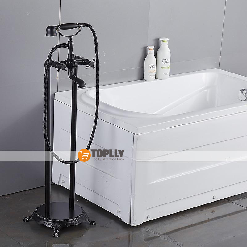 Bathtub Faucet Floor Mounted Brass Retro Style Telephone Shape Brass Electroplated Finish Two Handles Two Holes Shower Faucet with Handshower and Drain 2025 - CAD $446.99 –P9