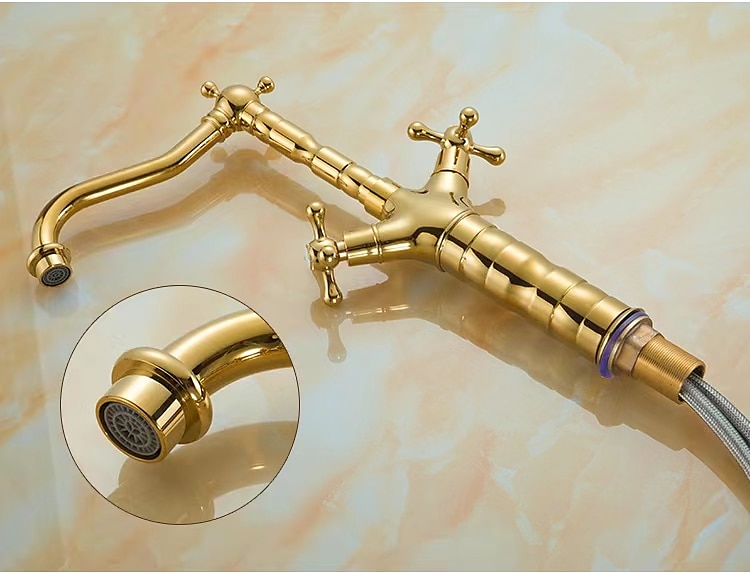 Bathroom Sink Mixer Faucet Short Tall Vessel Basin Taps, Vintage Brass Twin Handle Tap with Cold and Hot Hose 2025 - CAD $92.78 –P4