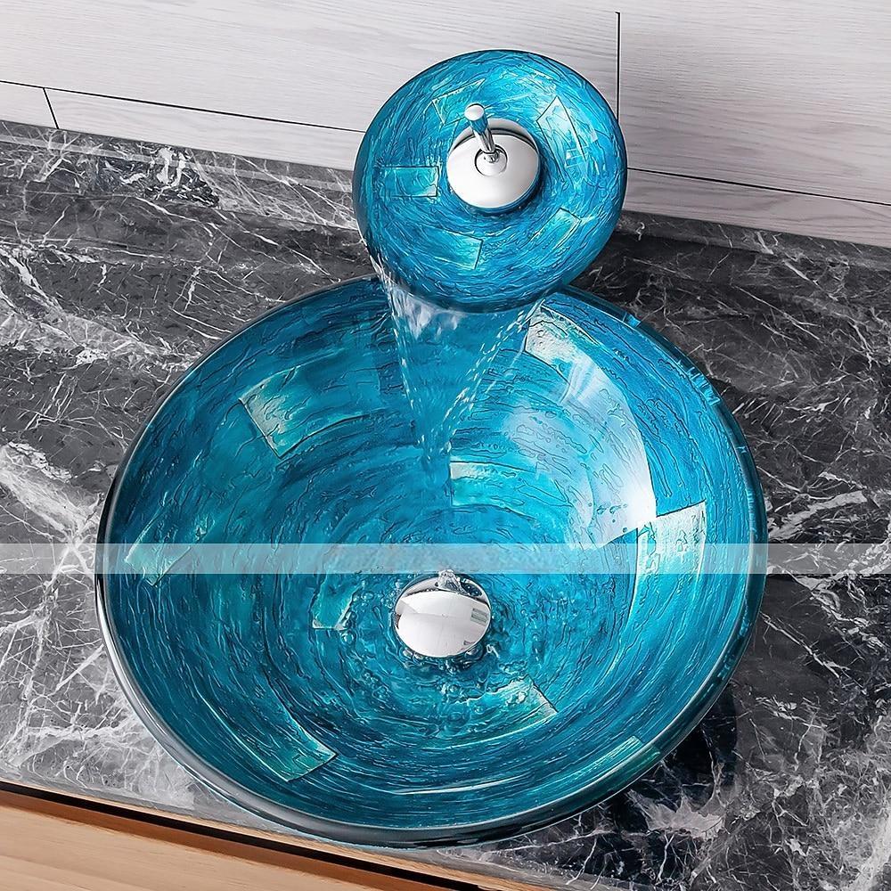 Minimalist Mediterranean Wind Round Basin Tempered Glass Wash Basin With Waterfall Faucet Basin Support Drainer 2025 - CAD $311.99 –P6