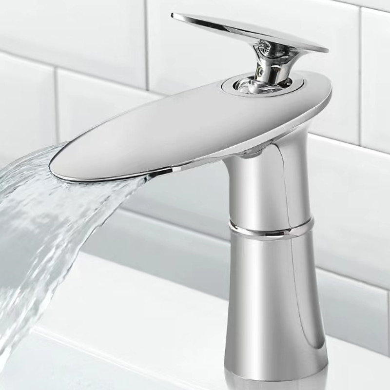 Waterfall Bathroom Sink Mixer Faucet Round, Wash Basin Taps Single Handle Washroom with Hot and Cold Hose Monobloc Vessel Water Brass Tap Deck Mounted 2025 - CAD $100.78 –P9