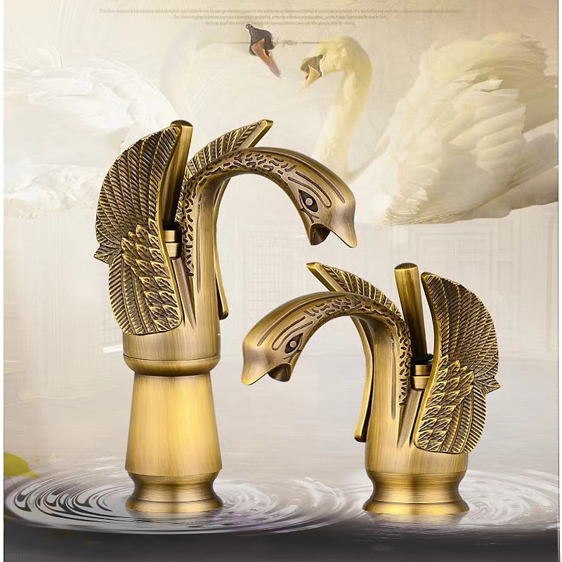 Vintage Bathroom Sink Mixer Faucet Brass Swan Shap, Monobloc Washroom Basin Taps Single Handle One Hole Deck Mounted, Mono Water Vessel Tap Hot and Cold Hose Antique Retro 2025 - CAD $124.78 –P3