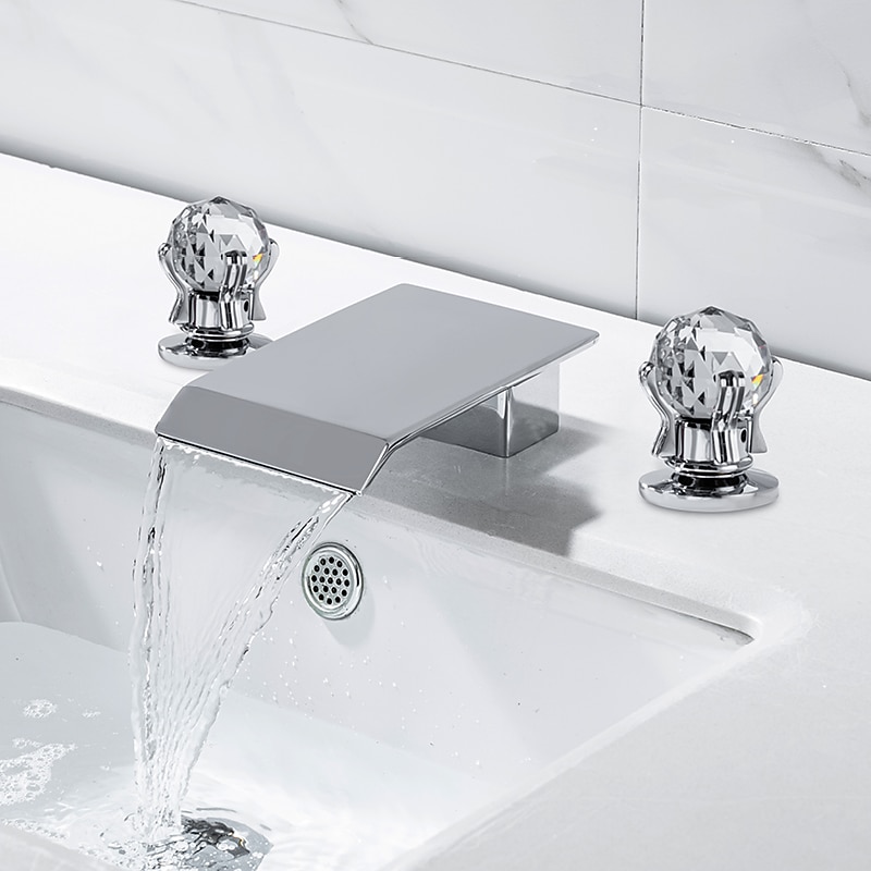 Bathroom Sink Faucet with Two Crystal Knob Handles Waterfall Matte Black/Chrome Deck Mounted Widespread 3 Holes Bathroom Faucets for Bathtub or Sink 2025 - CAD $167.99 –P3