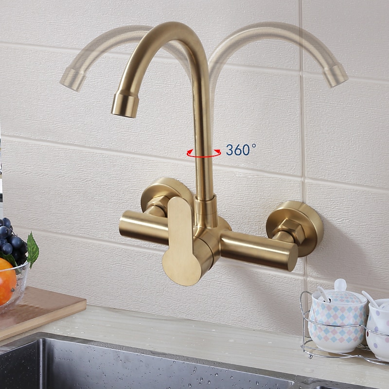 Kitchen faucet - Single Handle Two Holes Brushed Gold Tall /High Arc Wall Mounted Contemporary Kitchen Taps 2025 - CAD $175.99 –P4