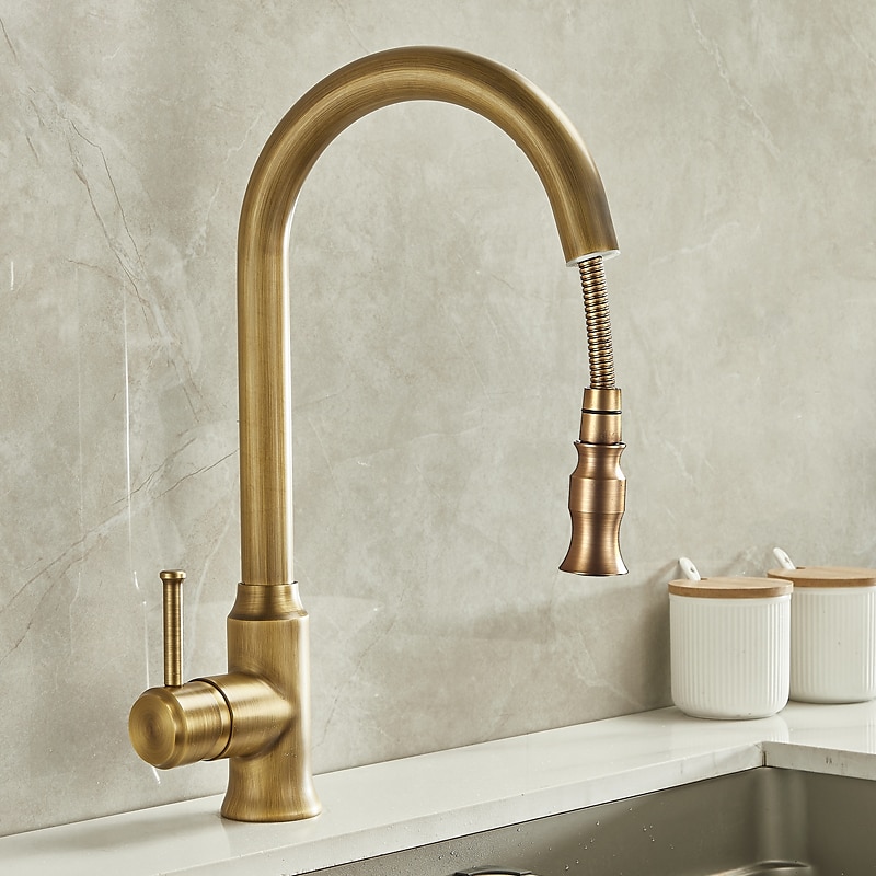 Traditional Kitchen Faucet Pull Out Sink Mixer Vessel Brass Taps 360 Degree Single Handle Vintage Taps with Cold and Hot Hose 2025 - CAD $111.99 –P2