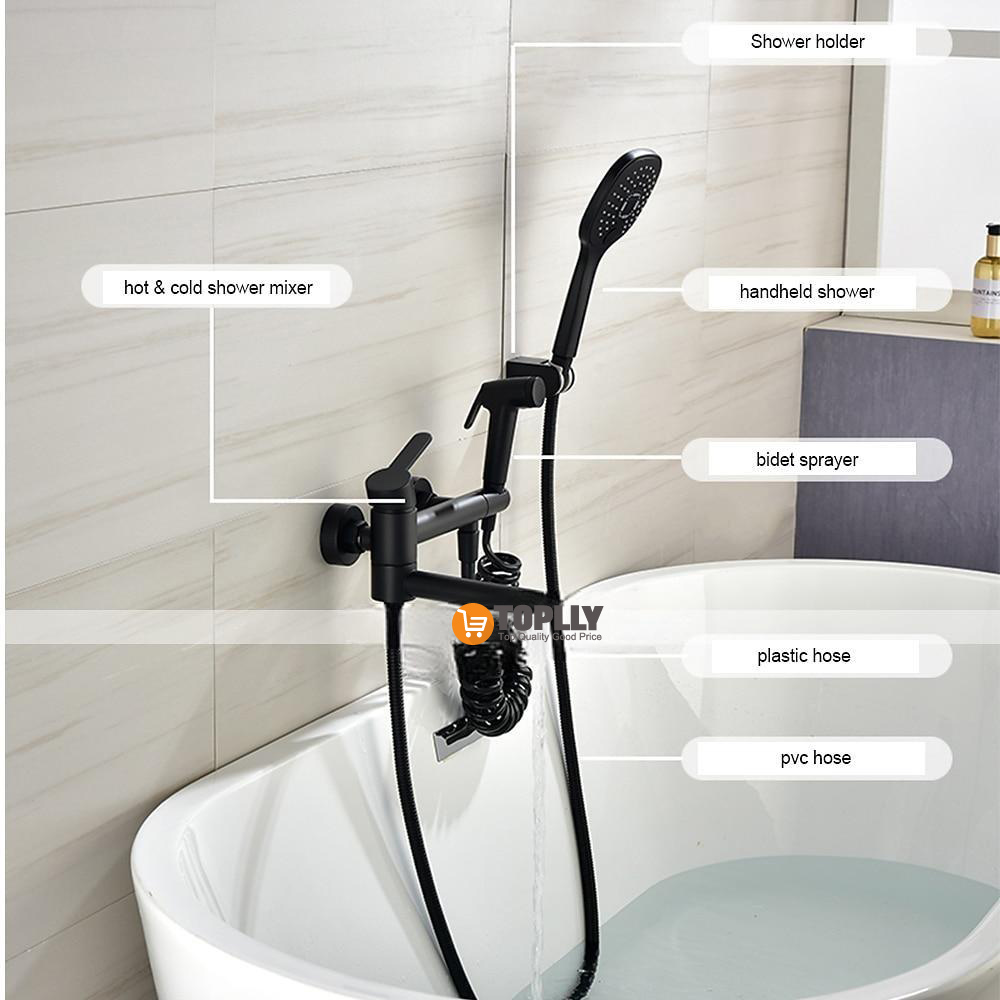 Bathtub Faucet Wall Mounted Black 3 Spout Bathroom Faucet Bath Roman Tub Filler Mixer Tap Brass with 2 Sprayer Bidet Sprayer 2025 - CAD $135.99 –P5