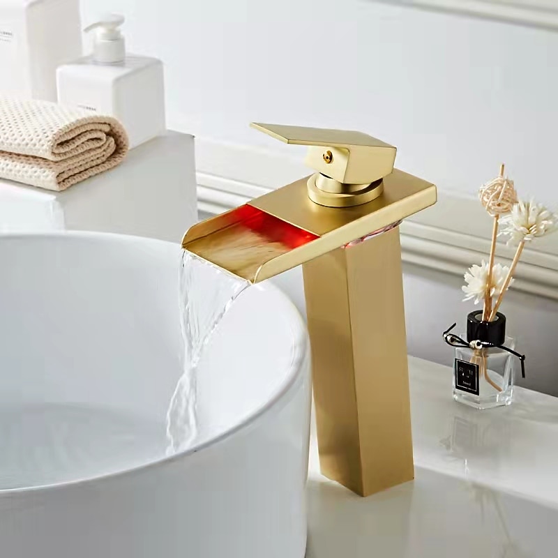 Bathroom Vessel Faucet Tall LED Waterfall Spout 3 Color Changes with Temperature, Sink Mixer Mono Basin Taps, Single Handle One Hole Brass Washroom Vessel Tap Deck Mounted 2025 - CAD $143.99 –P11