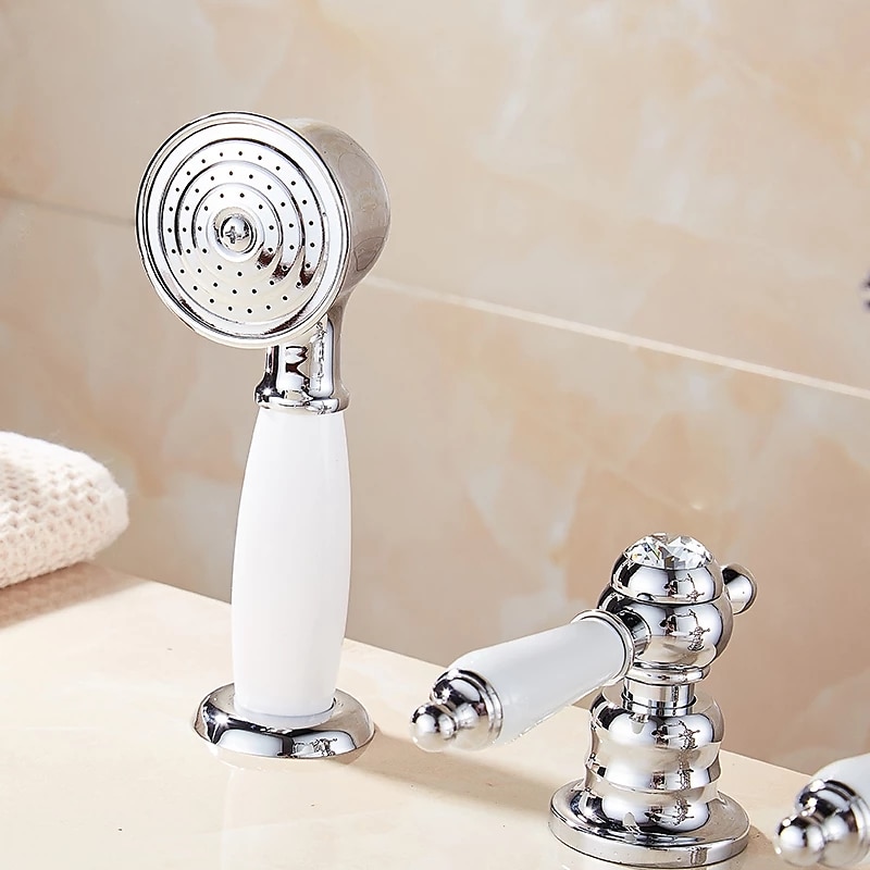 Bathtub Faucet - Contemporary Chrome Roman Tub Ceramic Valve Bath Shower Mixer Taps / Three Handles Two Holes 2025 - CAD $191.99 –P4