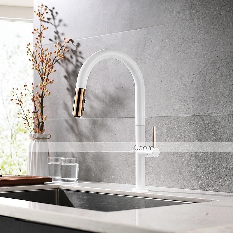 Kitchen FaucetRotatable Pull-out/Pull-down Brass High Arc Nickel Brushed/Painted Finishes Single Handle One Hole Kitchen Taps with Hot and Cold Switch 2025 - CAD $151.99 –P7
