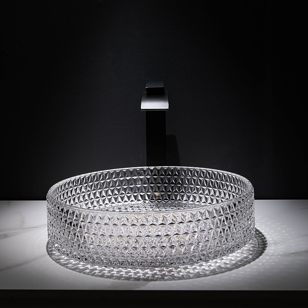 Bathroom Vessel Sink with Black Faucet Modern Clear Tempered Glass Basin with Pop-Up Drain Artistic Round Basin Bowl Set Above Counter Vanity Sink 2025 - CAD $478.99 –P6