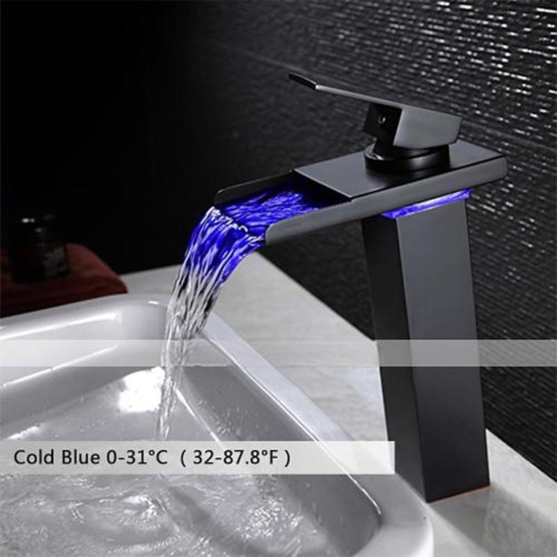 Bathroom Vessel Faucet Tall LED Waterfall Spout 3 Color Changes with Temperature, Sink Mixer Mono Basin Taps, Single Handle One Hole Brass Washroom Vessel Tap Deck Mounted 2025 - CAD $143.99 –P1
