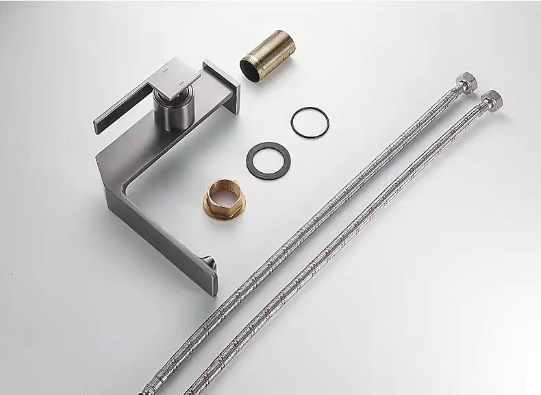 Waterfall Bathroom Sink Mixer Faucet Brass, Single Handle Washroom Basin Taps One Hole Faucets with Hot and Cold Hose, Waterfall Spout Brass Bathroom Tap Chrome Black Gold Grey 2025 - CAD $111.99 –P3