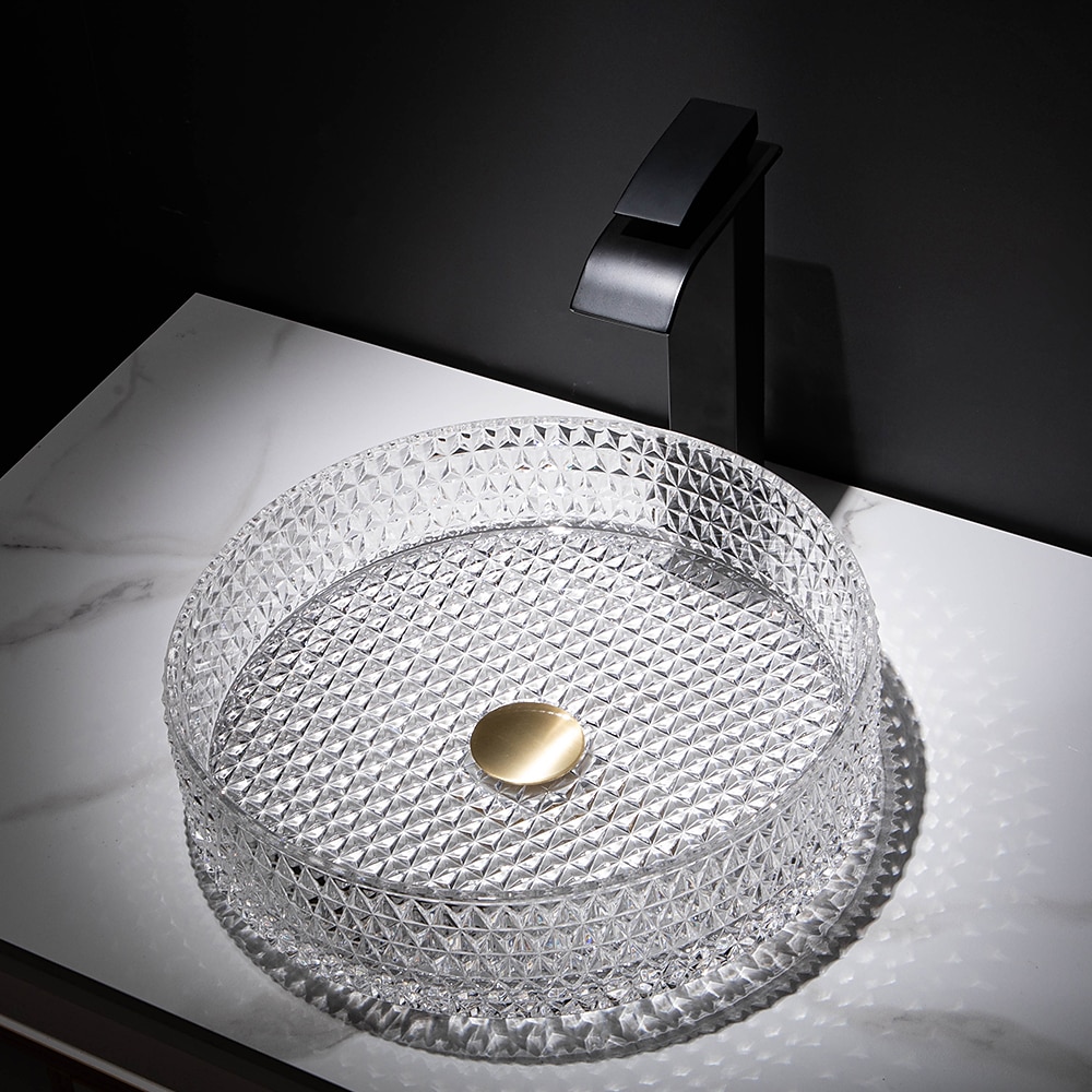 Bathroom Vessel Sink with Black Faucet Modern Clear Tempered Glass Basin with Pop-Up Drain Artistic Round Basin Bowl Set Above Counter Vanity Sink 2025 - CAD $478.99 –P8