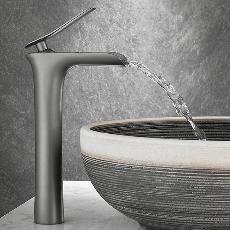 Waterfall Bathroom Sink Mixer Faucet Tall, Mono Wash Basin Single Handle Basin Taps Washroom with Hot and Cold Hose Monobloc Vessel Water Brass Tap Deck Mounted Grey Black Golden 2025 - CAD $151.99 –P2