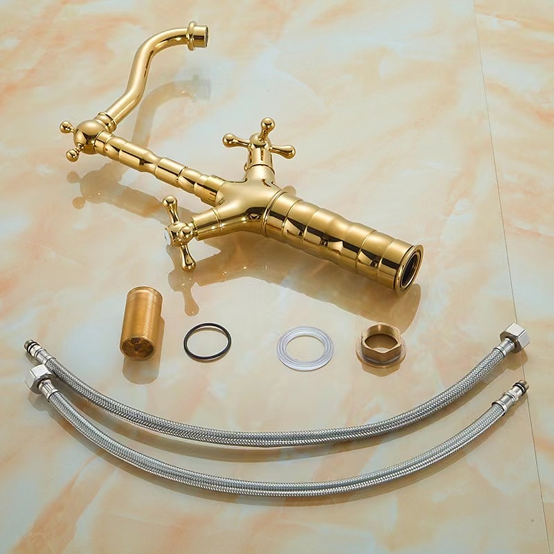 Bathroom Sink Mixer Faucet Short Tall Vessel Basin Taps, Vintage Brass Twin Handle Tap with Cold and Hot Hose 2025 - CAD $92.78 –P1