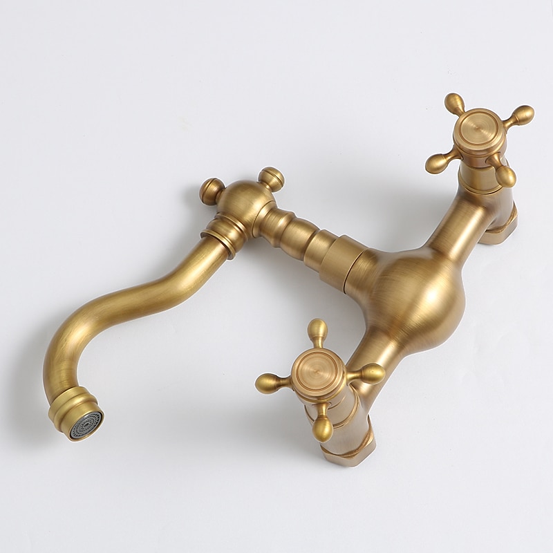 Traditional Kitchen Sink Mixer Taps Wall Mounted Brass Vintage Retro Kitchen Faucet Twin Lever Standard Spout Vessel Tap 2025 - CAD $87.99 –P6