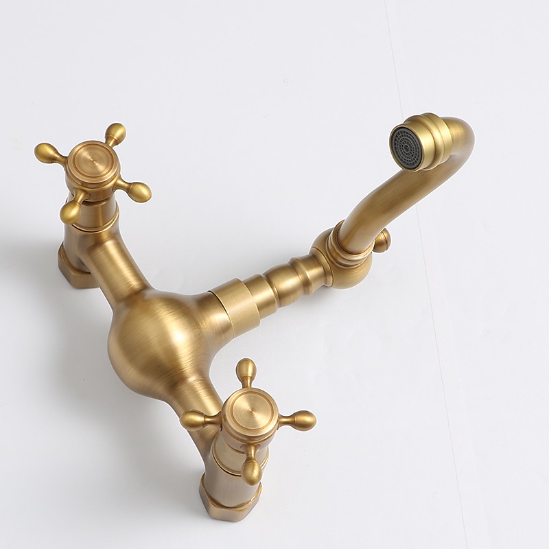 Traditional Kitchen Sink Mixer Taps Wall Mounted Brass Vintage Retro Kitchen Faucet Twin Lever Standard Spout Vessel Tap 2025 - CAD $87.99 –P4
