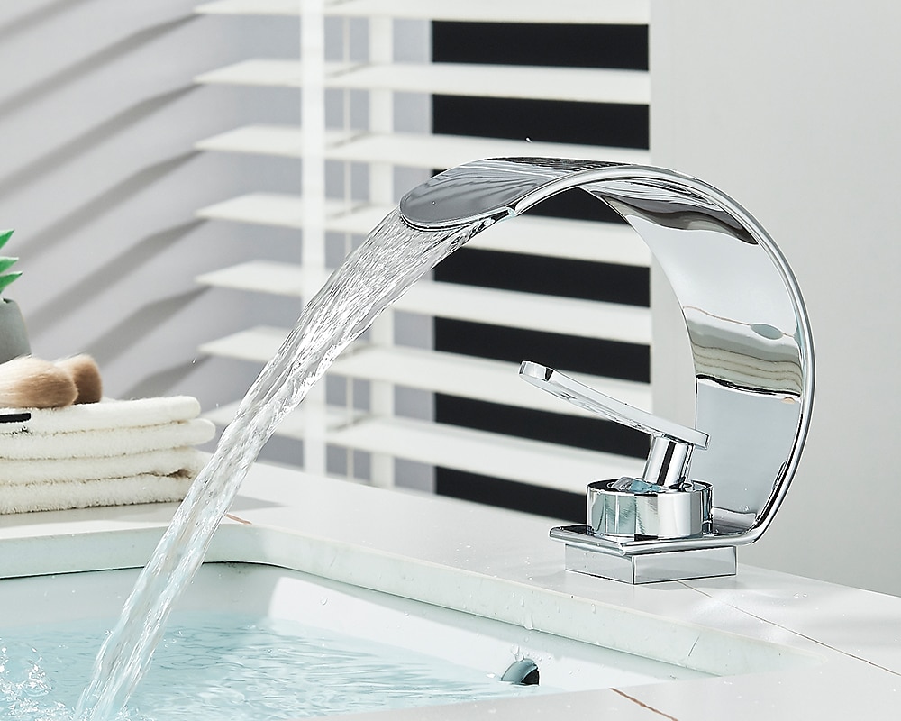 Waterfall Bathroom Faucet Sink Mixer Basin Taps, Arc Spout Single Handle Washroom Faucet Deck Mounted with Cold and Hot Hose Black Chrome White 2025 - CAD $111.99 –P3