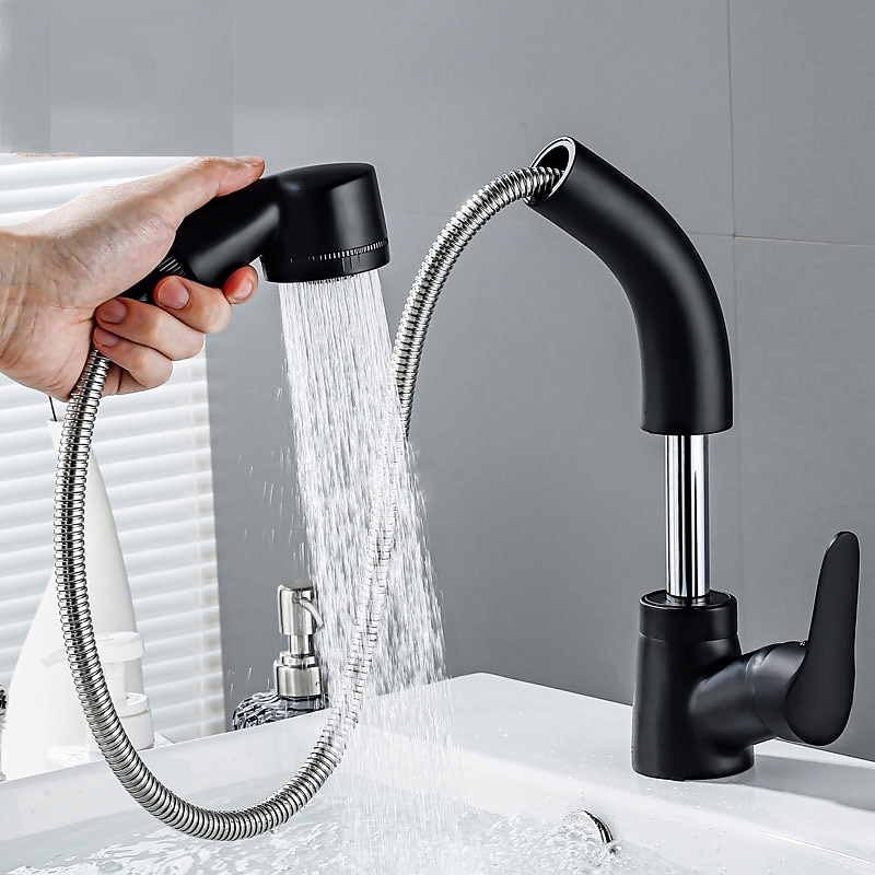Matte Black Bathroom Basin Faucet Pull Out Spout Rotatable Liftable Body Deck Mounted Hot and Cold Water Mixer Tap 2025 - CAD $87.99 –P3