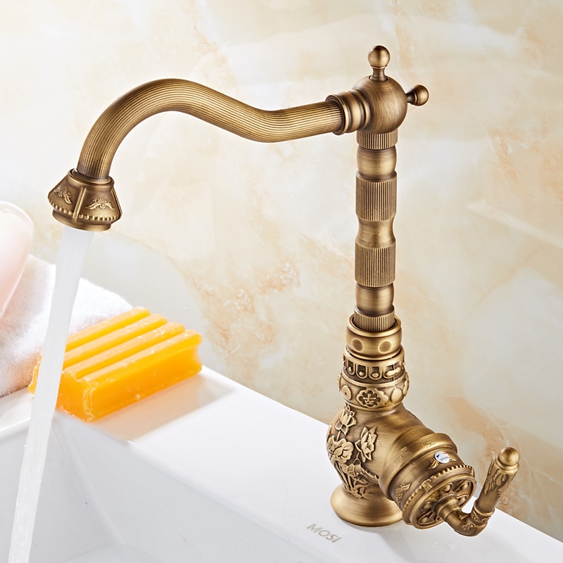 Traditional Kitchen Sink Mixer Faucet Antique Brass Single Handle Taps Standard Spout Deck Mounted Retro Vintage Style Kitchen Tap with Cold and Hot Hose 2025 - CAD $143.99 –P6