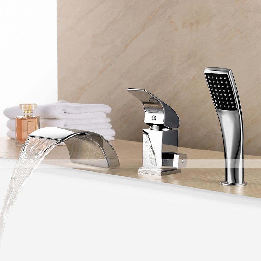 Waterfall Bathtub Faucet Deck Mounted Bath Tub Filler Mixer Tap Set Handheld 3 Hole 2 Spout with Hand Sprayer Brass Shower Ceramic Valve Kit Bathroom 2025 - CAD $191.99 –P1