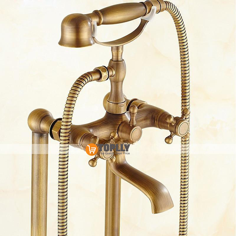 Bathtub Faucet Floor Mounted Brass Retro Style Telephone Shape Brass Electroplated Finish Two Handles Two Holes Shower Faucet with Handshower and Drain 2025 - CAD $446.99 –P4