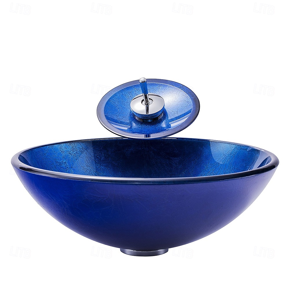 Blue Bathroom Sink Set with Matching Style Faucet Art Bathroom Tempered Glass Vessel Sink Round Wash Basin Bowl Above Counter Washbasin 2025 - CAD $366.99 –P3