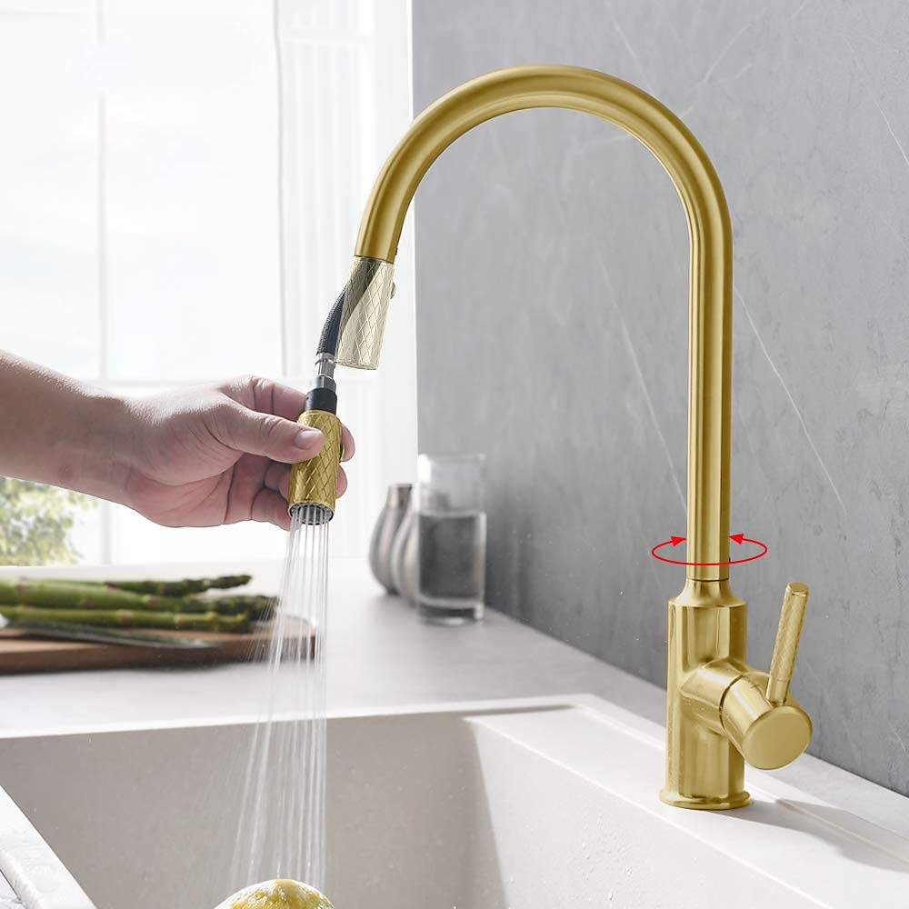 Kitchen Sink Mixer Faucet Pull Out Single Lever Handle Brushed Solid Brass Taps Cold Hot Hose One Hole with Pull Down Sprayer Black Gold Faucets 2025 - CAD $167.99 –P1