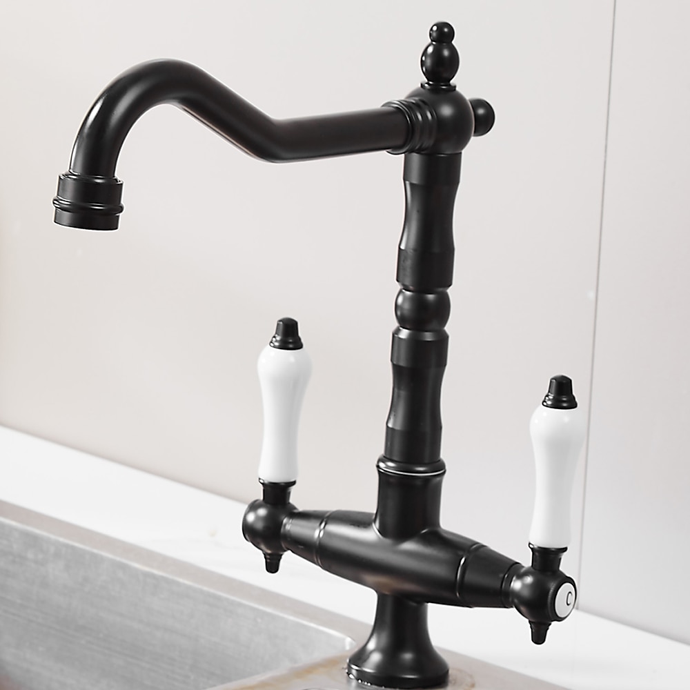 Twin Lever Traditional Kitchen Sink Mixer Taps, Dual Lever Cold and Hot Faucet Deck Mounted, 360° Swivel Spout Sink Tap with 2 Ceramic Handles, Antique Brass Classic Double Handle for Kitchen Bathroom 2025 - CAD $111.99 –P9