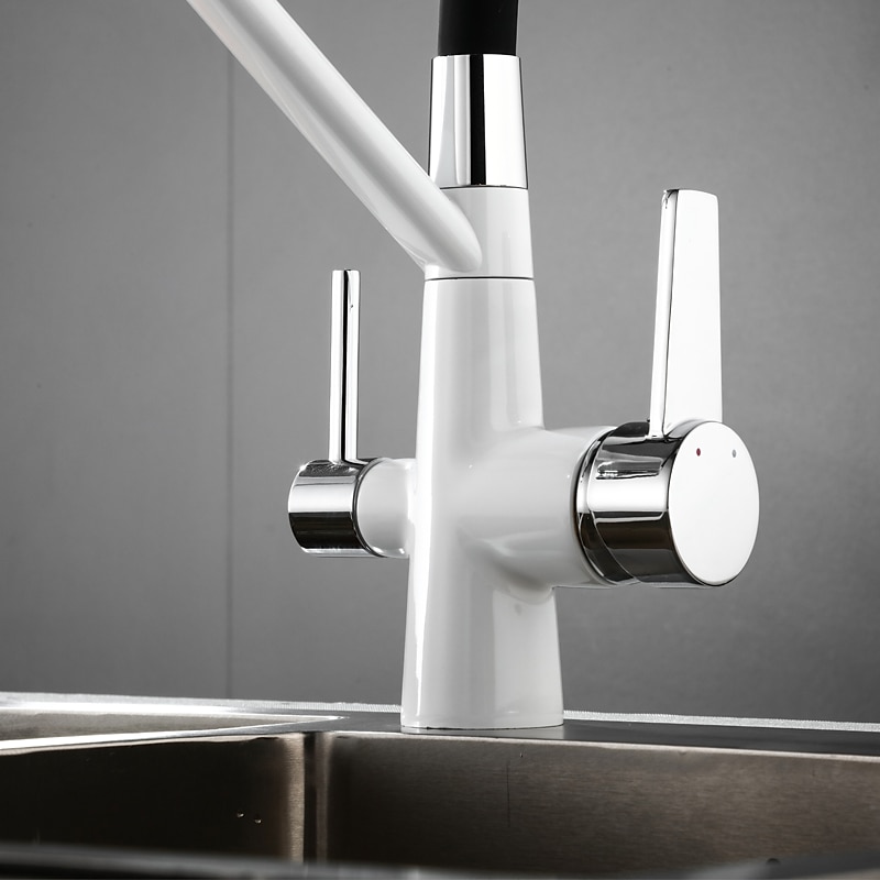 Kitchen Faucet Pull Down Spray Head Purified Water Dual Spout Taps Sink Mixer Deck Mounted  360 Rotating Twin Handle High Arc Flexible Tube Vessel Brass Tap 2025 - CAD $159.99 –P16