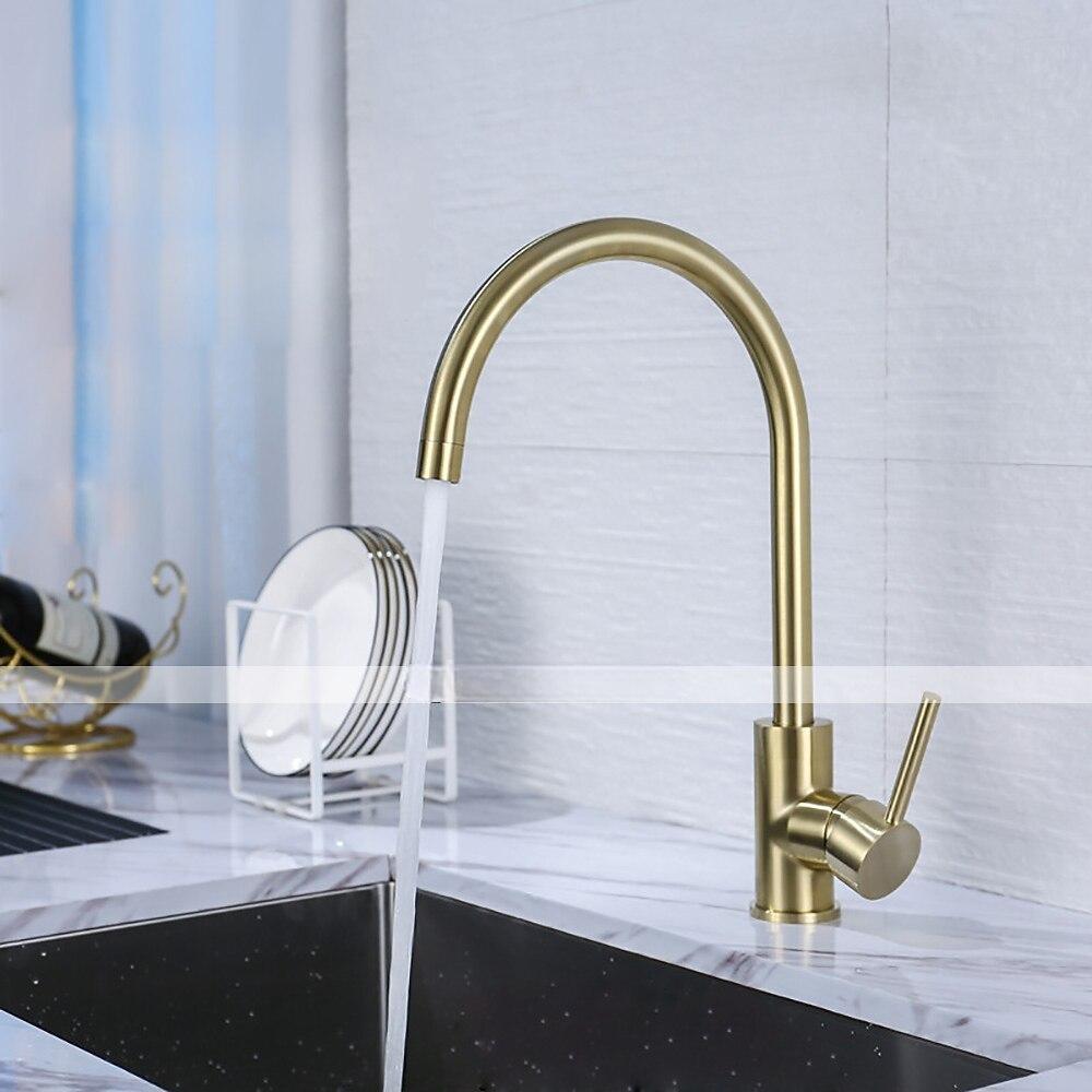 Kitchen Sink Mixer Faucet Brushed Gold Deck Mounted  360 Swivel Single Handle Vessel Kitchen Brass Taps with Cold and Hot Water Hose 2025 - CAD $79.99 –P4