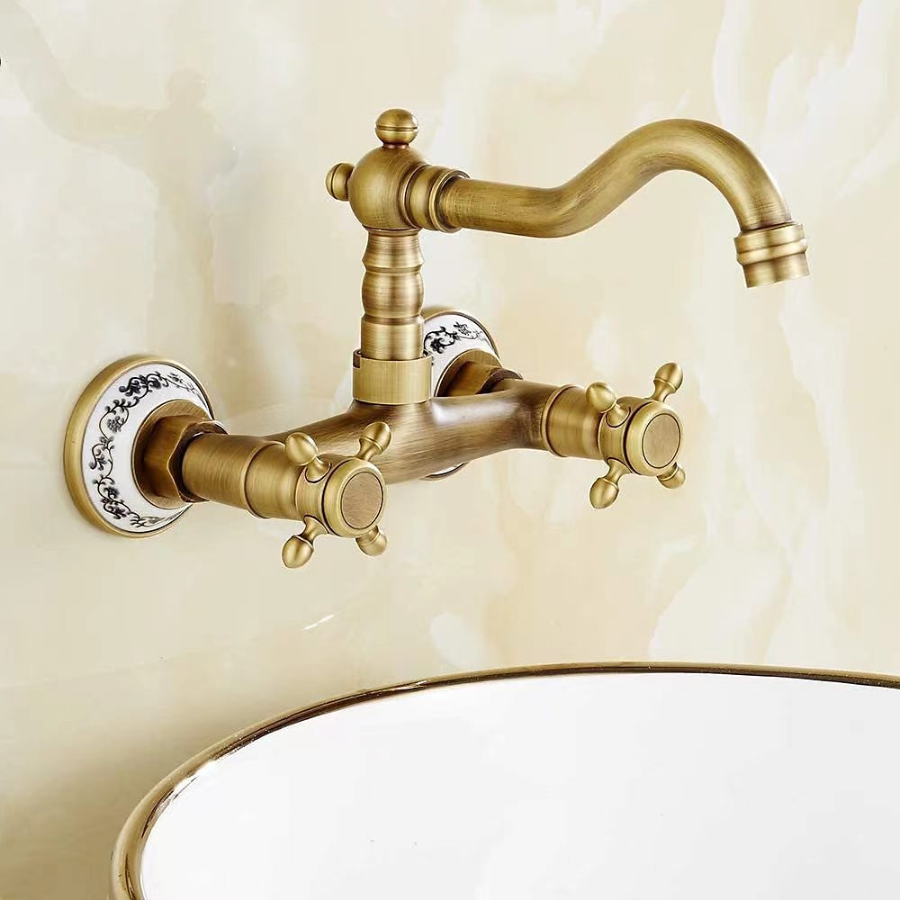 Vintage Brass Bathtub Faucet Wall Mounted Dual Handle Bath Tub Taps Bathroom Mixer Tap with Cold and Hot Hose 2025 - CAD $71.99 –P6