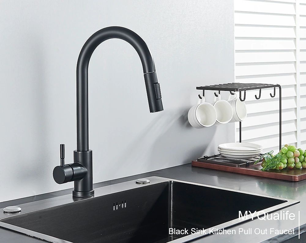 Kitchen Sink Mixer Faucet with Pull Out Sprayer Stainless Steel Rotatable Vessel Tap Rainfall/Waterfall Mode Spray Faucet Black&Silver Kitchen Faucet Tap with Soap Dispenser 2025 - CAD $111.99 –P10