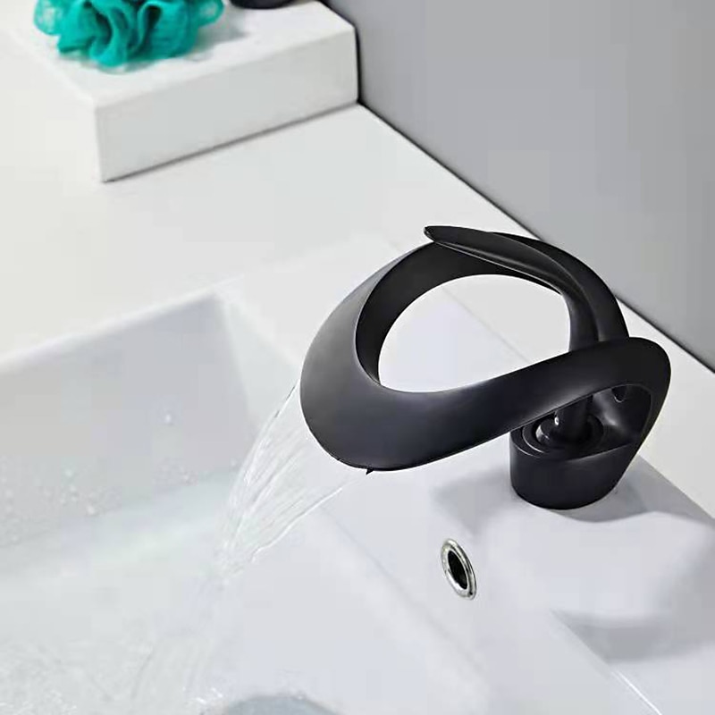 Black Bathroom Sink Mixer Faucet Waterfall Spout, Brass Basin Taps Single Handle One Hole Vessel Bathroom Tap with Hot and Cold Switch Golden Grey Chrome 2025 - CAD $159.99 –P11