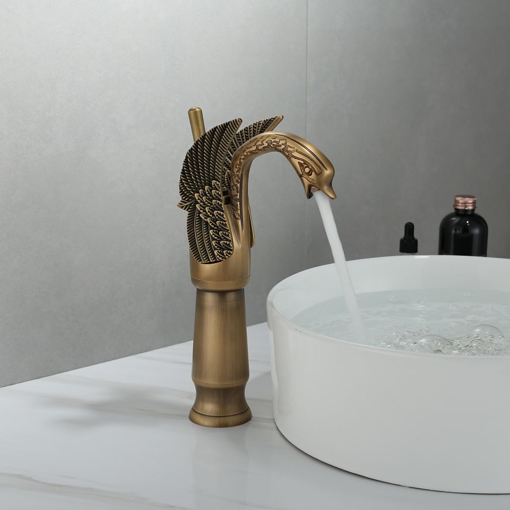 Antique Bathroom Sink Mixer Faucet, Washroom Basin Taps Brass Swan Shape Copper Electroplated Finish Vintage Style Single Handle One Hole Water Taps with Cold Hot Hose 2025 - CAD $95.99 –P9