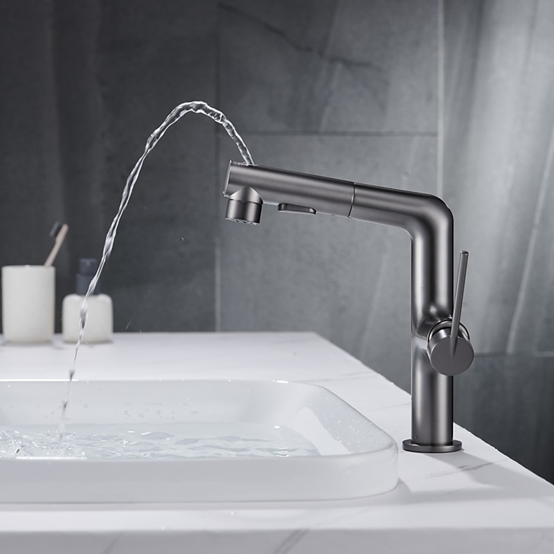 Bathroom Sink Faucet with Pull Out Spray,Brass 3-modes Electroplated / Painted Finishes Centerset Single Handle One Hole Lavatory Rotating Spout for Cold and Hot Water Bath Taps 2025 - CAD $119.99 –P9