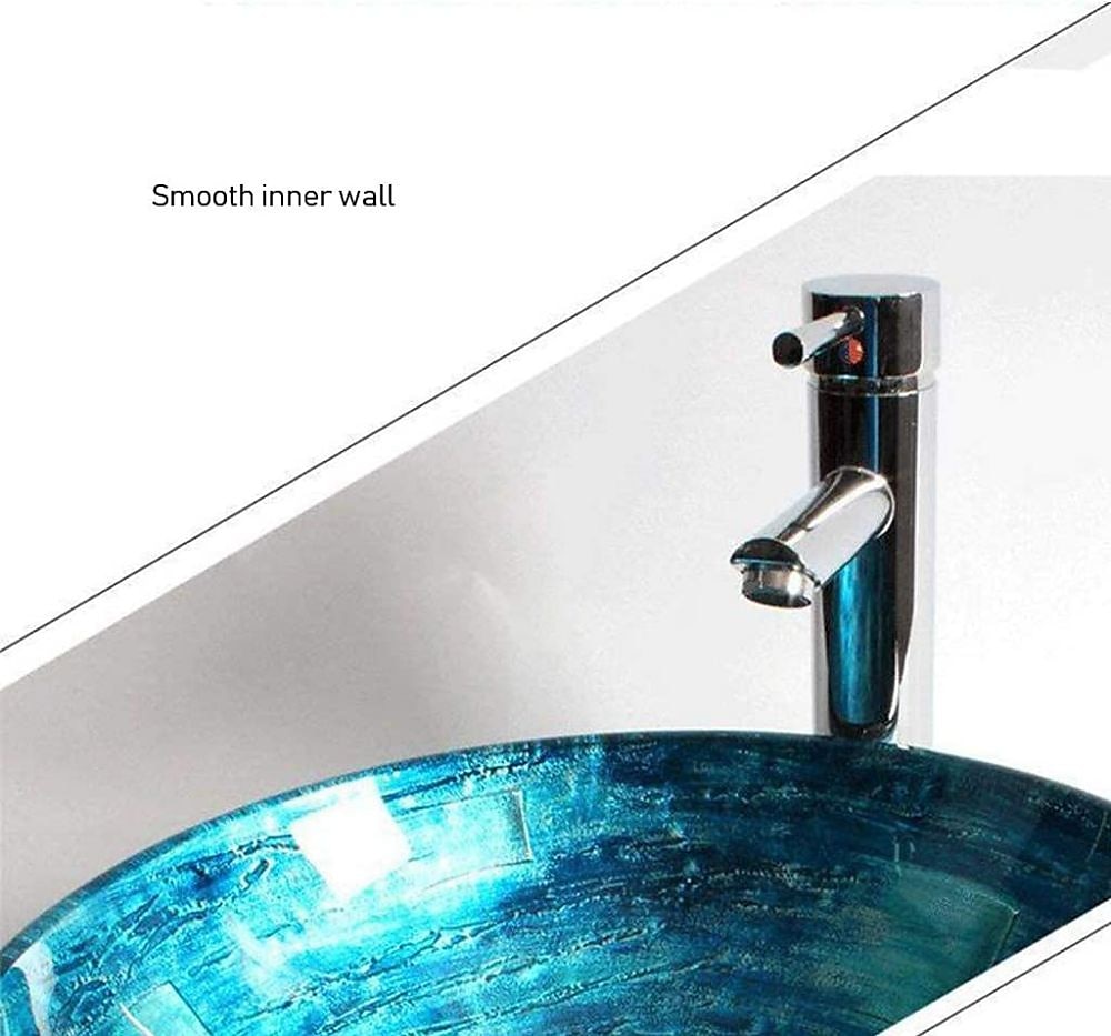 Round Artistic Vanity Basin Sink Bathroom Vessel Tempered Glass Bowl 16.5 inch Art Wash Basin Mixer Faucet Set with Pop-up Drain Boat Shape Countertop Above Counter Washroom 2025 - CAD $328.99 –P5