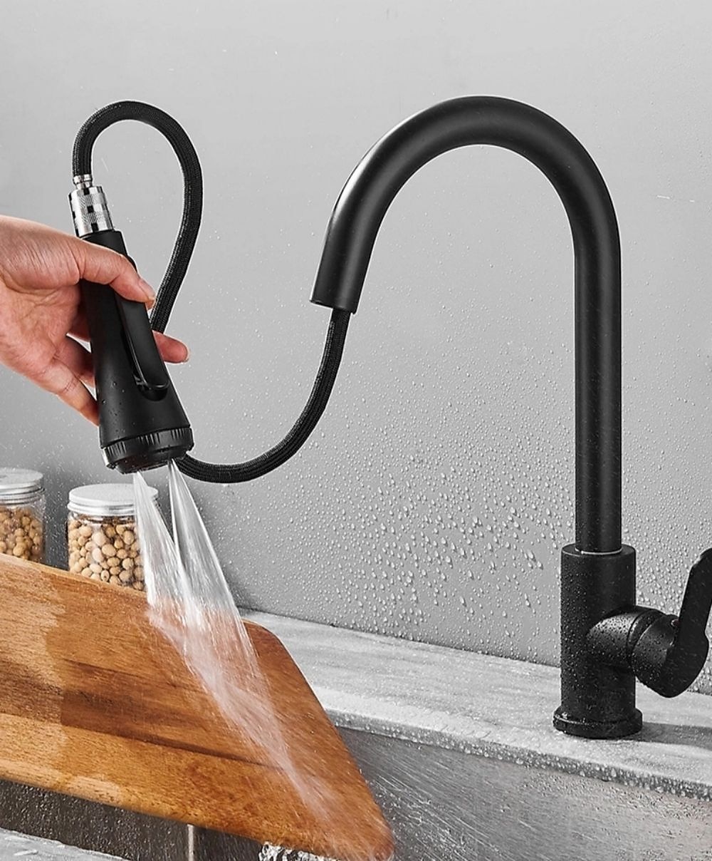 Kitchen Faucet with SprayerMatte Black Brass 4-Function Single Handle One Hole Button Design Pull-out / Pull-down Centerset Contemporary Kitchen Taps(with Soap Dispenser) 2025 - CAD $127.99 –P8