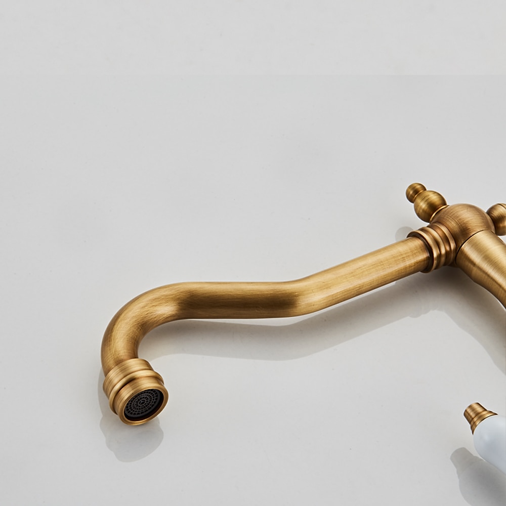 Twin Lever Traditional Kitchen Sink Mixer Taps, Dual Lever Cold and Hot Faucet Deck Mounted, 360° Swivel Spout Sink Tap with 2 Ceramic Handles, Antique Brass Classic Double Handle for Kitchen Bathroom 2025 - CAD $111.99 –P16