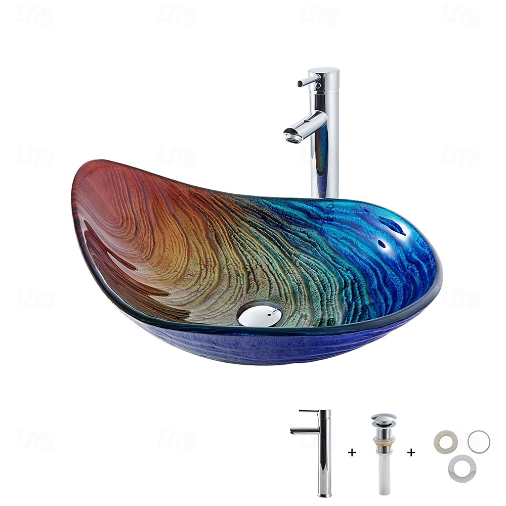 Modern simple clear light carving yuan treasure basin tempered glass wash basin with waterfall faucet basin support sink BWY19-193 2025 - CAD $446.99 –P9