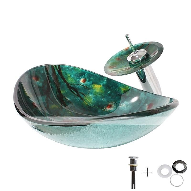 Art Tempered Glass Wash Basin with Chrome Faucet FinishRectangular Sink Shape Bathroom Faucet 2025 - CAD $366.99 –P8