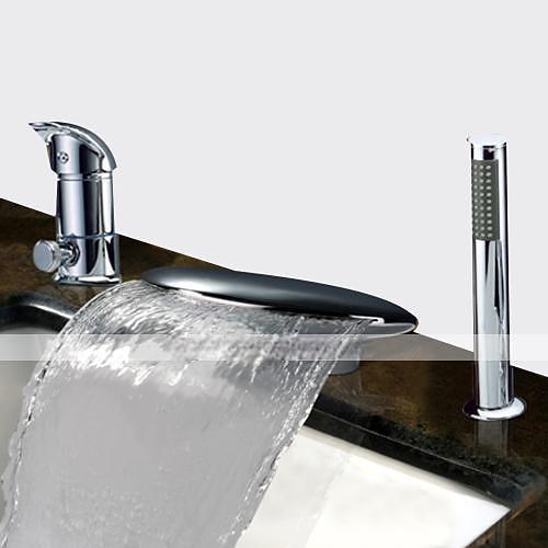 Waterfall Bathtub Faucet Deck Mounted Widespread Bathroom Faucet Bath Roman Tub Filler Mixer Tap Brass 3 Hole Sprayer with Cold Hot Water Hose 2025 - CAD $167.99 –P2