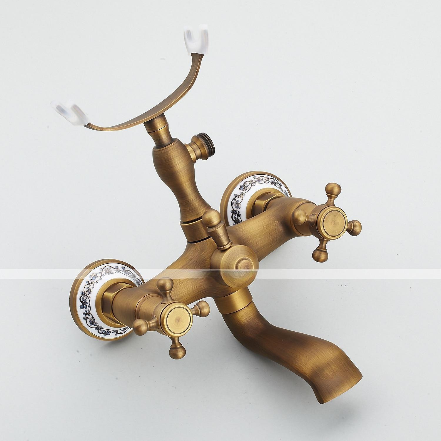 Bathroom Sink FaucetBrass Telephone Shape Wall Installation Widespread Pull-out Country Style Electroplated Copper Finish Two Handles Bathtub Faucet with Handshower and Drain 2025 - CAD $199.99 –P6