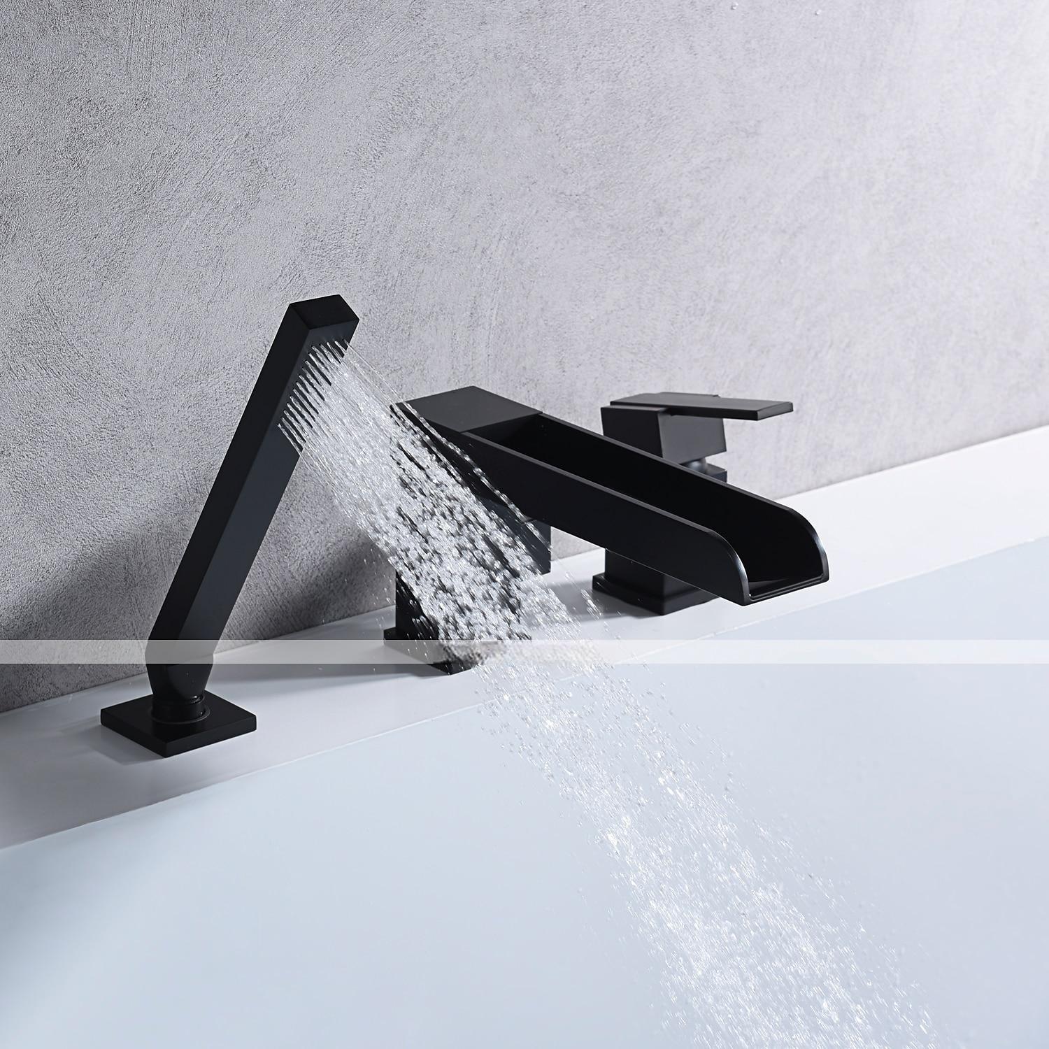 Bathtub Faucet Waterfall Long Spout Bath Tub Filler Mixer Taps Golden with Heldhand Shower 60 inch Hose 3 Hole 2 Handle Deck Mounted Widespread Bathroom 2025 - CAD $366.99 –P4