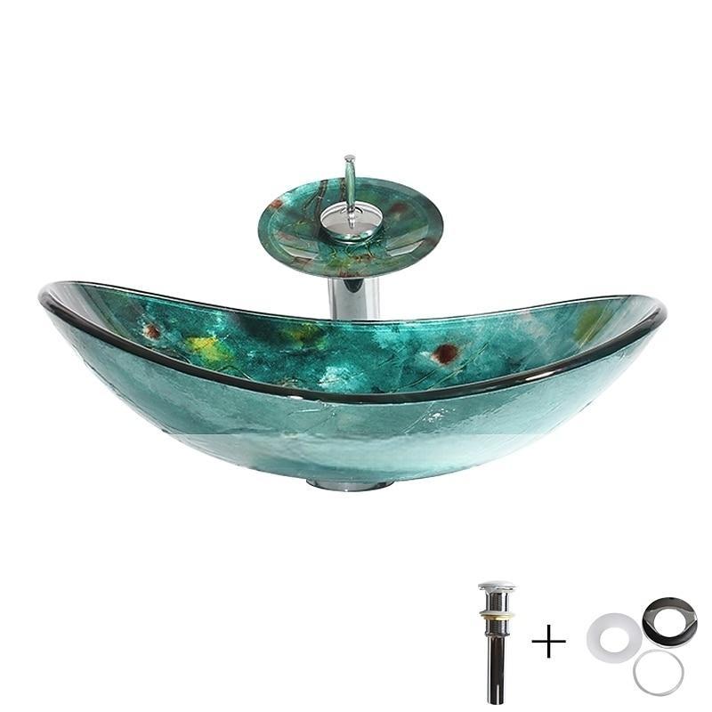 Art Tempered Glass Wash Basin with Chrome Faucet FinishRectangular Sink Shape Bathroom Faucet 2025 - CAD $366.99 –P6
